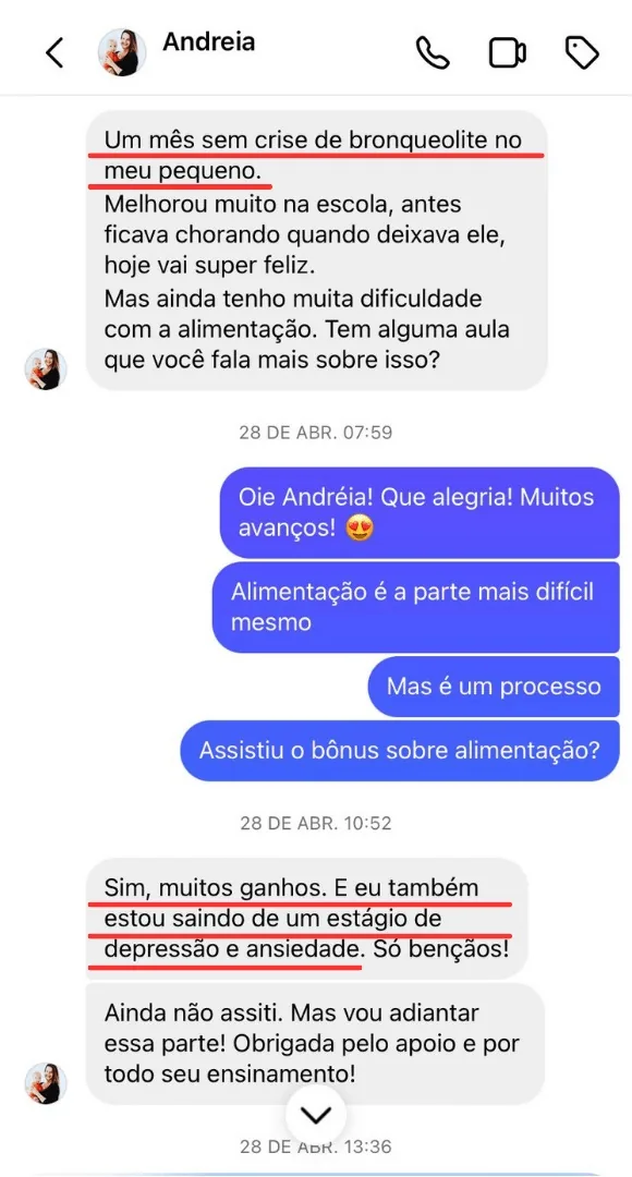 Print da Andreia sobre o fim das crises de bronquiolite do filho e a própria depressão