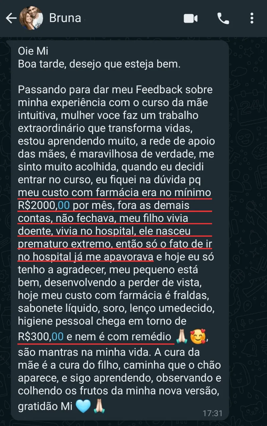 Print do depoimento da Bruna sobre a redução do custo de farmácia