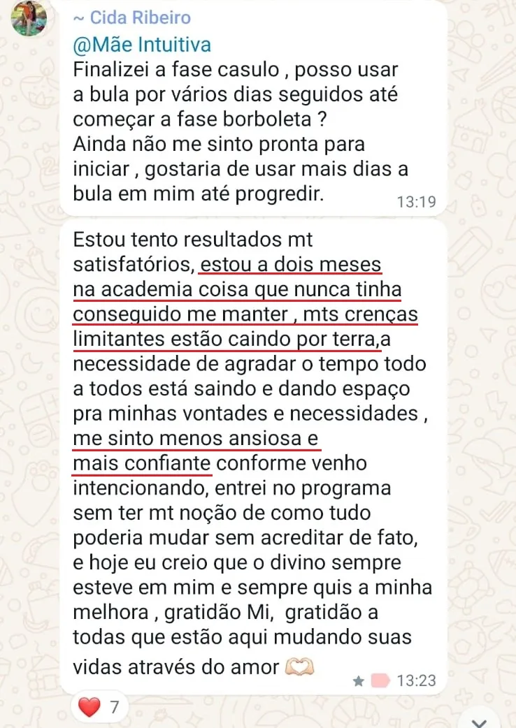 Print do relato da Cida sobre crenças limitantes e ansiedade