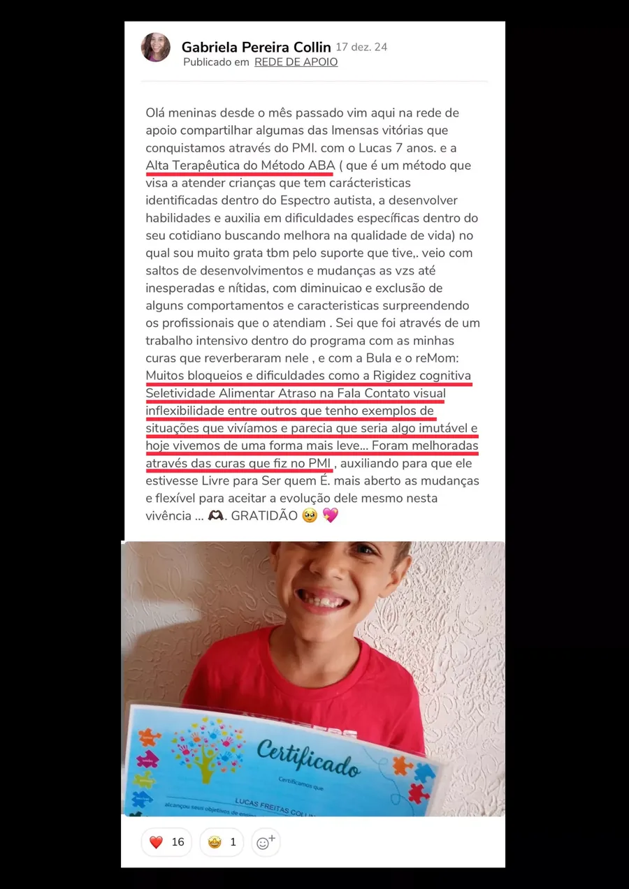 Print do relato da Gabriela sobre a alta do método ABA do filho Lucas