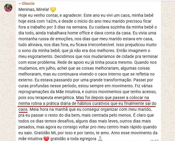 Print do relato da Glaucia sobre a rotina de hábitos curativos